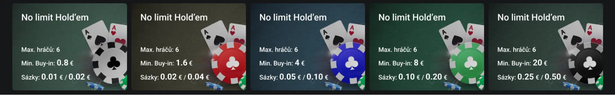 Fortuna Poker – No Limit Hold’em stoly s různými buy-iny a sázkami. Různé úrovně No Limit Hold’em stolů ve Fortuna Poker s buy-iny od 0.8 € do 20 € a sázkami od 0.01 €/0.02 € po 0.25 €/0.50 €.